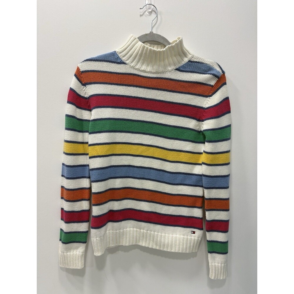 VTG 90s/2000s Tommy Hilfiger Rainbow Striped Turtleneck Crewneck Sweatshirt Sz S